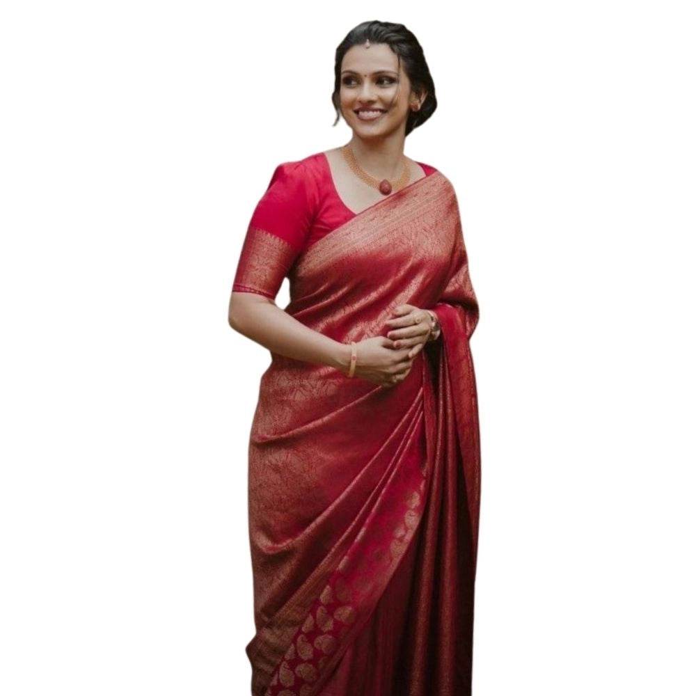 Generic Women's Silk Printed Saree With Unstitched Blouse 5.5Mtr (Red) - MYLUXURY LANE ENTERPRISE