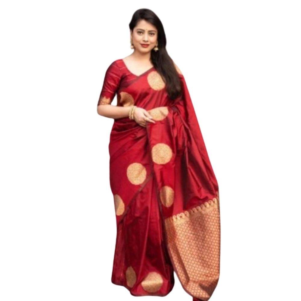 Generic Women's Silk Printed Saree With Unstitched Blouse 5.5Mtr (Red) - MYLUXURY LANE ENTERPRISE