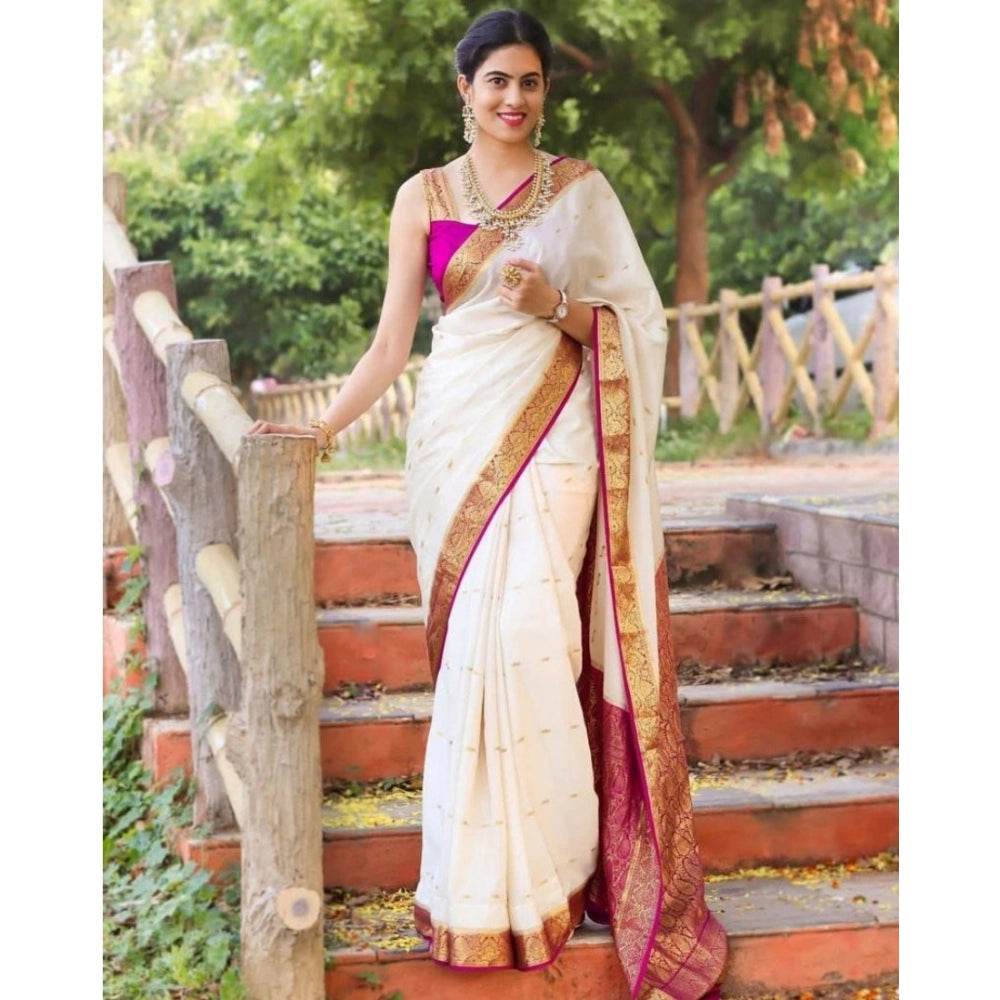 Generic Women's Silk Printed Saree With Unstitched Blouse 5.5Mtr (White) - MYLUXURY LANE ENTERPRISE