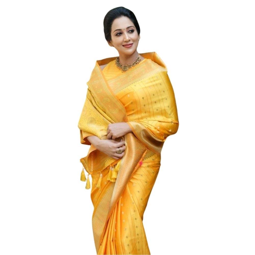 Generic Women's Silk Printed Saree With Unstitched Blouse 5.5Mtr (Yellow) - MYLUXURY LANE ENTERPRISE