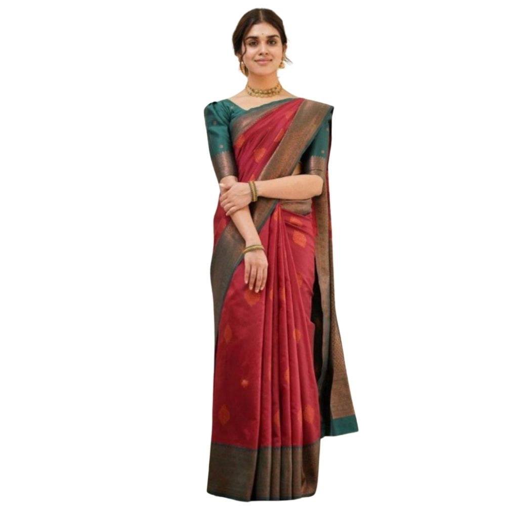 Generic Women's Silk Printed Saree With Unstitched Blouse 5.5Mtr (Red) - MYLUXURY LANE ENTERPRISE