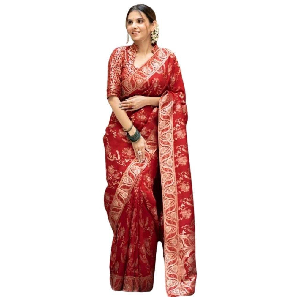 Generic Women's Silk Printed Saree With Unstitched Blouse 5.5Mtr (Red) - MYLUXURY LANE ENTERPRISE