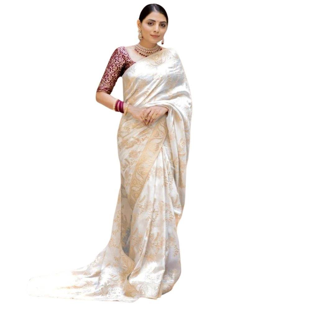 Generic Women's Silk Printed Saree With Unstitched Blouse 5.5Mtr (White) - MYLUXURY LANE ENTERPRISE