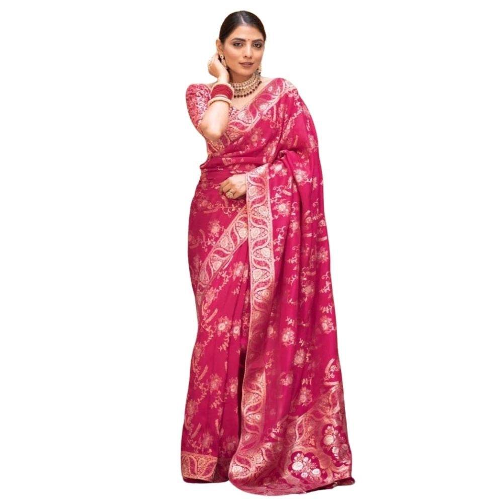 Generic Women's Silk Printed Saree With Unstitched Blouse 5.5Mtr (Pink) - MYLUXURY LANE ENTERPRISE