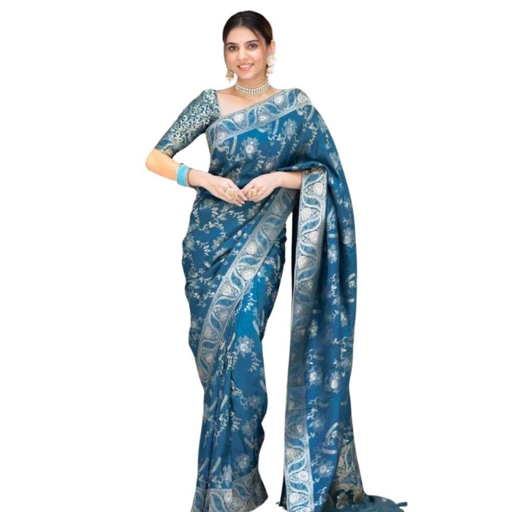 Generic Women's Silk Printed Saree With Unstitched Blouse 5.5Mtr (Teal Blue) - MYLUXURY LANE ENTERPRISE