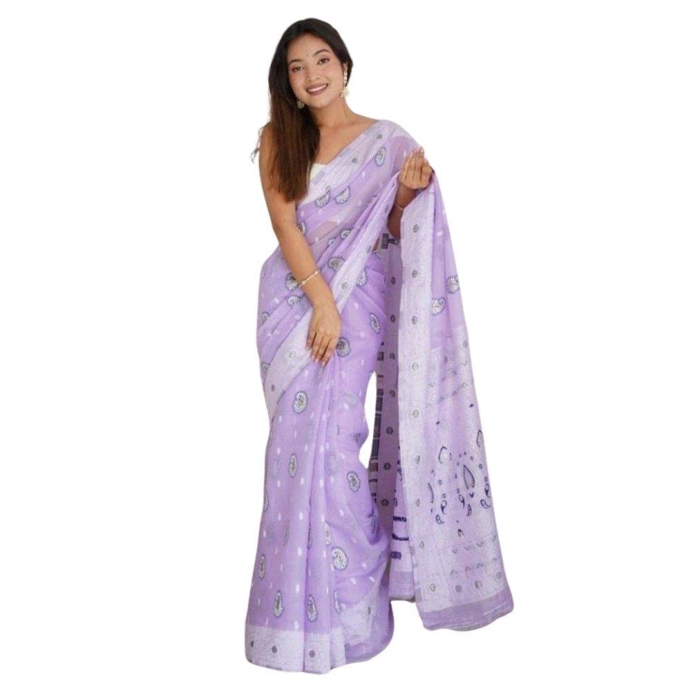 Generic Women's Cotton Printed Saree With Unstitched Blouse 5.5Mtr (Lavender) - MYLUXURY LANE ENTERPRISE