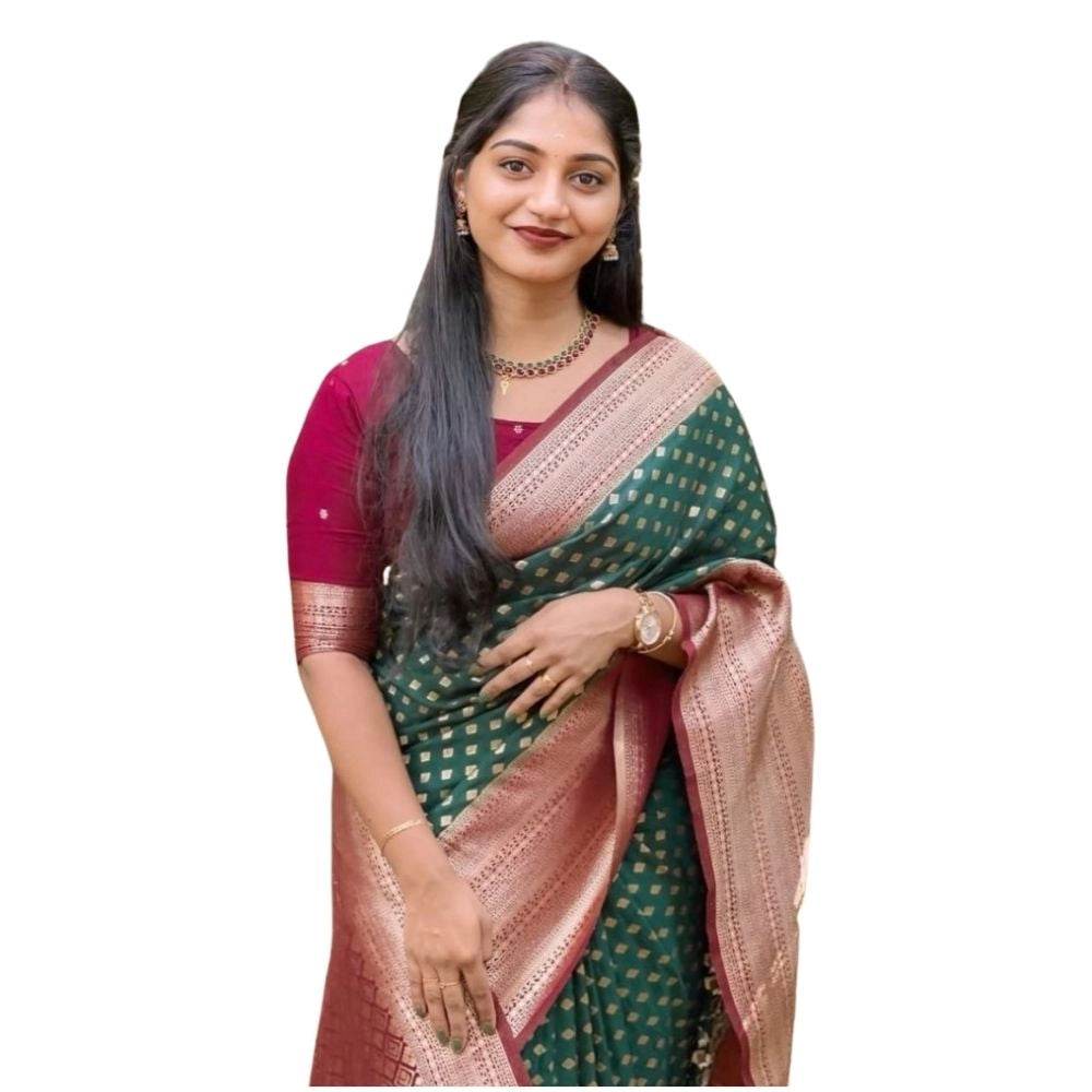 Generic Women's Silk Printed Saree With Unstitched Blouse 5.5Mtr (Green-Red) - MYLUXURY LANE ENTERPRISE