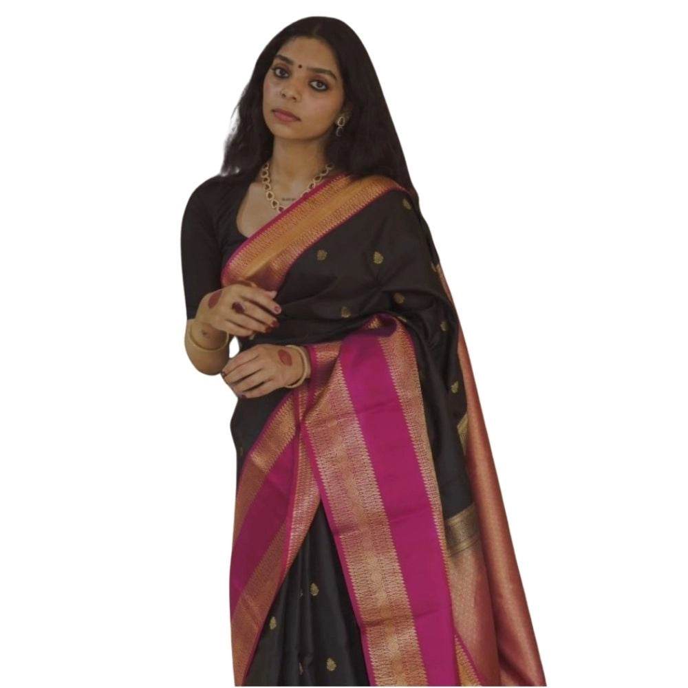 Generic Women's Silk Printed Saree With Unstitched Blouse 5.5Mtr (Black-Pink) - MYLUXURY LANE ENTERPRISE