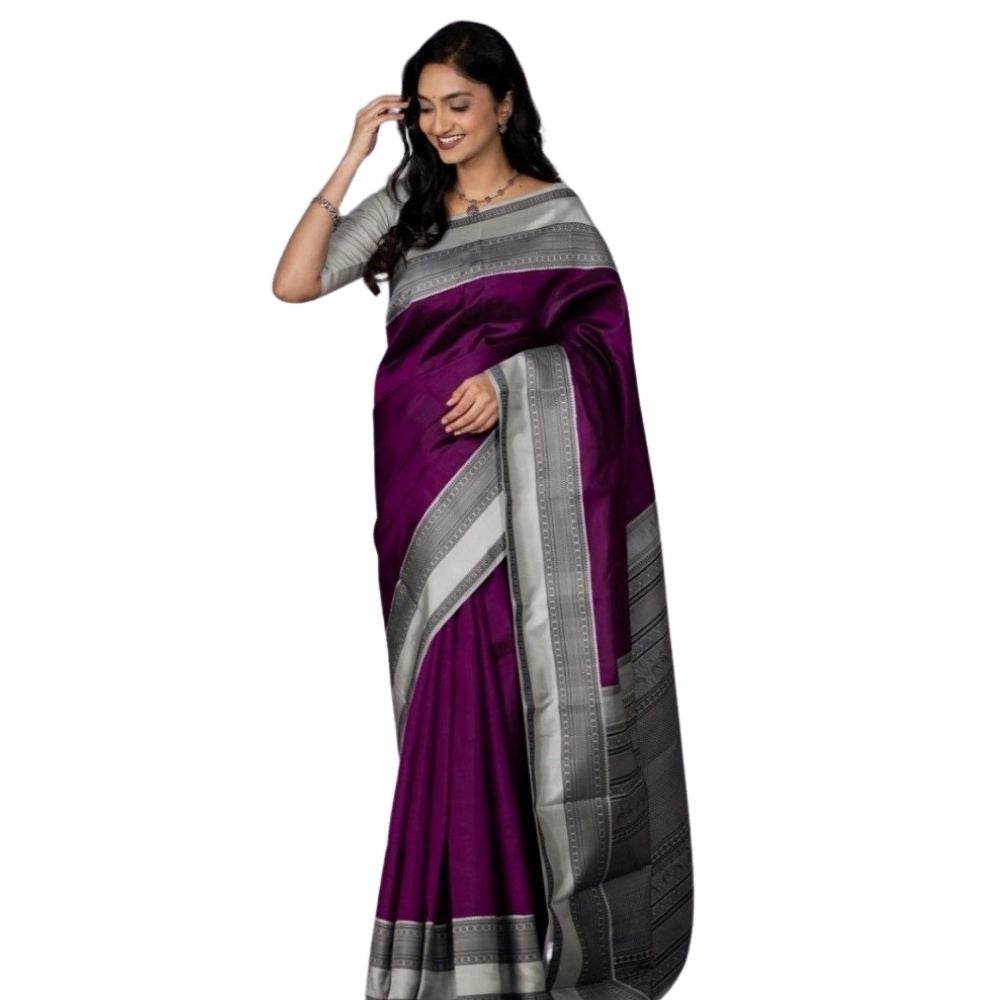 Generic Women's Silk Printed Saree With Unstitched Blouse 5.5Mtr (Purple) - MYLUXURY LANE ENTERPRISE