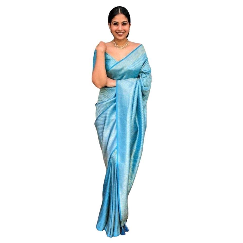 Generic Women's Silk Printed Saree With Unstitched Blouse 5.5Mtr (Sky Blue) - MYLUXURY LANE ENTERPRISE