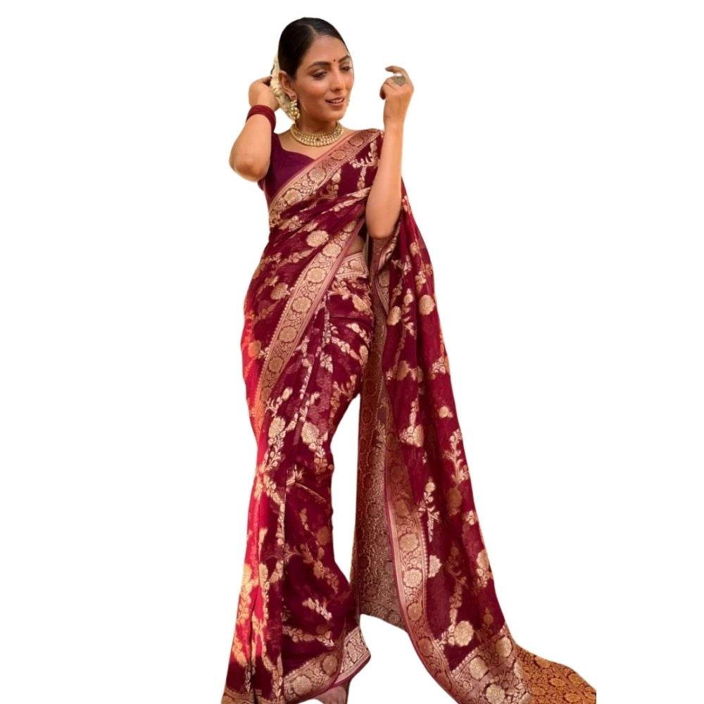 Generic Women's Silk Printed Saree With Unstitched Blouse 5.5Mtr (Maroon) - MYLUXURY LANE ENTERPRISE
