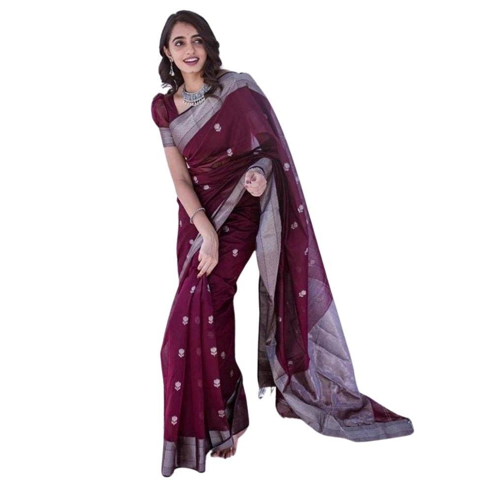 Generic Women's Cotton Printed Saree With Unstitched Blouse 5.5Mtr (Maroon) - MYLUXURY LANE ENTERPRISE