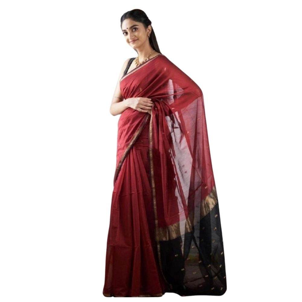Generic Women's Cotton Printed Saree With Unstitched Blouse 5.5Mtr (Red) - MYLUXURY LANE ENTERPRISE