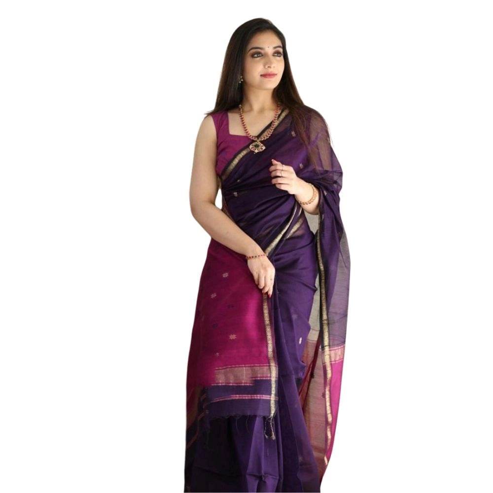 Generic Women's Cotton Printed Saree With Unstitched Blouse 5.5Mtr (Navy Blue) - MYLUXURY LANE ENTERPRISE