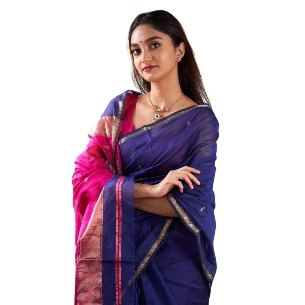 Generic Women's Cotton Printed Saree With Unstitched Blouse 5.5Mtr (Blue) - MYLUXURY LANE ENTERPRISE