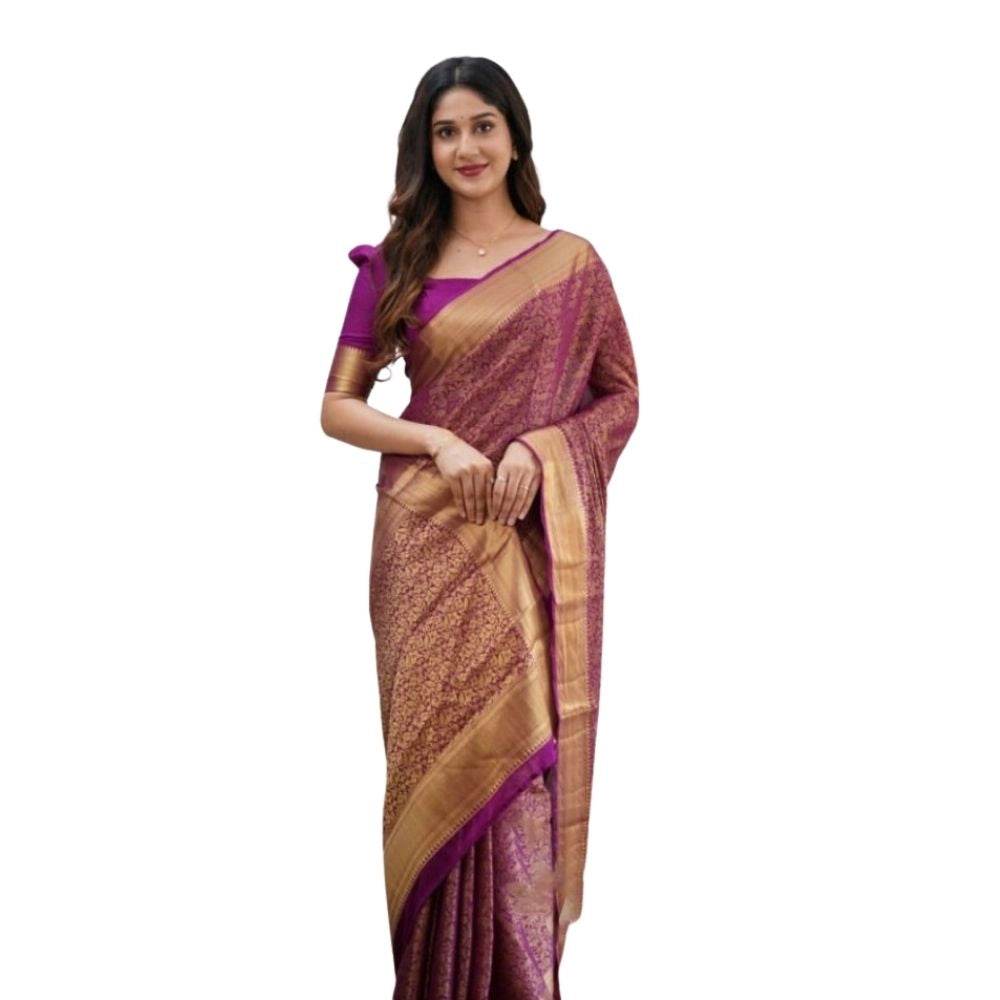 Generic Women's Silk Printed Saree With Unstitched Blouse 5.5Mtr (Wine) - MYLUXURY LANE ENTERPRISE
