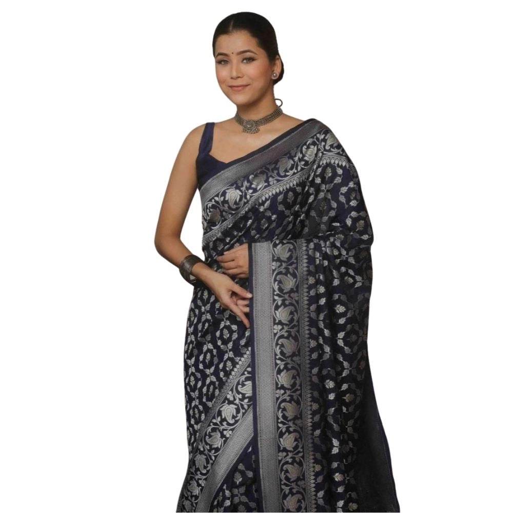 Generic Women's Silk Printed Saree With Unstitched Blouse 5.5Mtr (Navy Blue) - MYLUXURY LANE ENTERPRISE