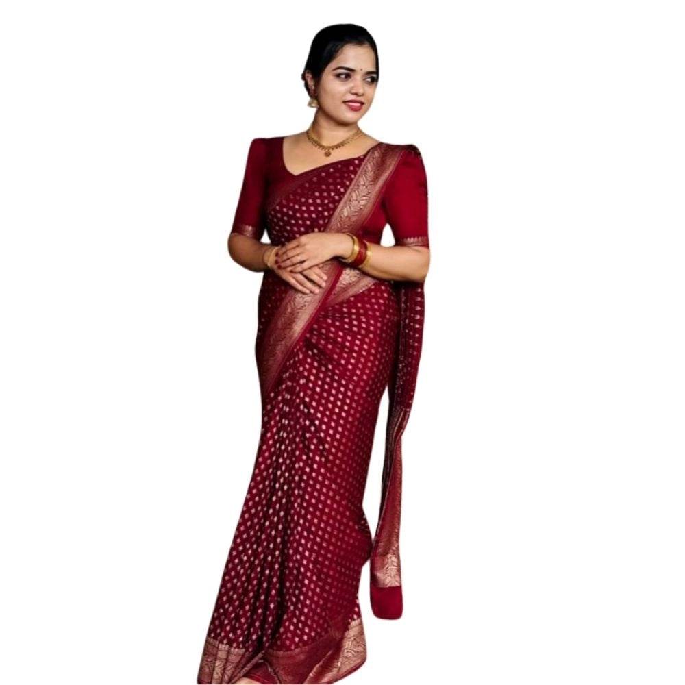 Generic Women's Silk Printed Saree With Unstitched Blouse 5.5Mtr (Maroon) - MYLUXURY LANE ENTERPRISE