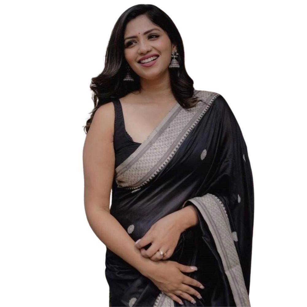 Generic Women's Silk Printed Saree With Unstitched Blouse 5.5Mtr (Black) - MYLUXURY LANE ENTERPRISE