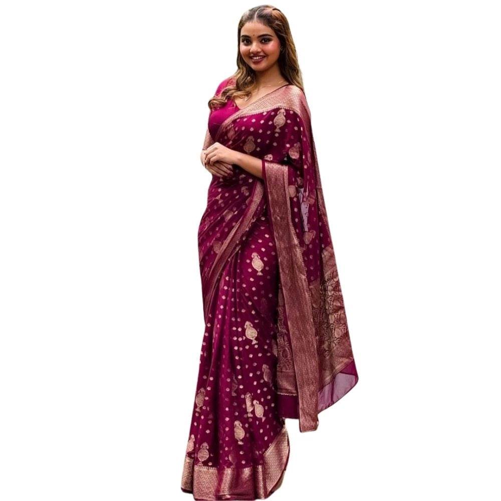 Generic Women's Silk Printed Saree With Unstitched Blouse 5.5Mtr (Wine) - MYLUXURY LANE ENTERPRISE