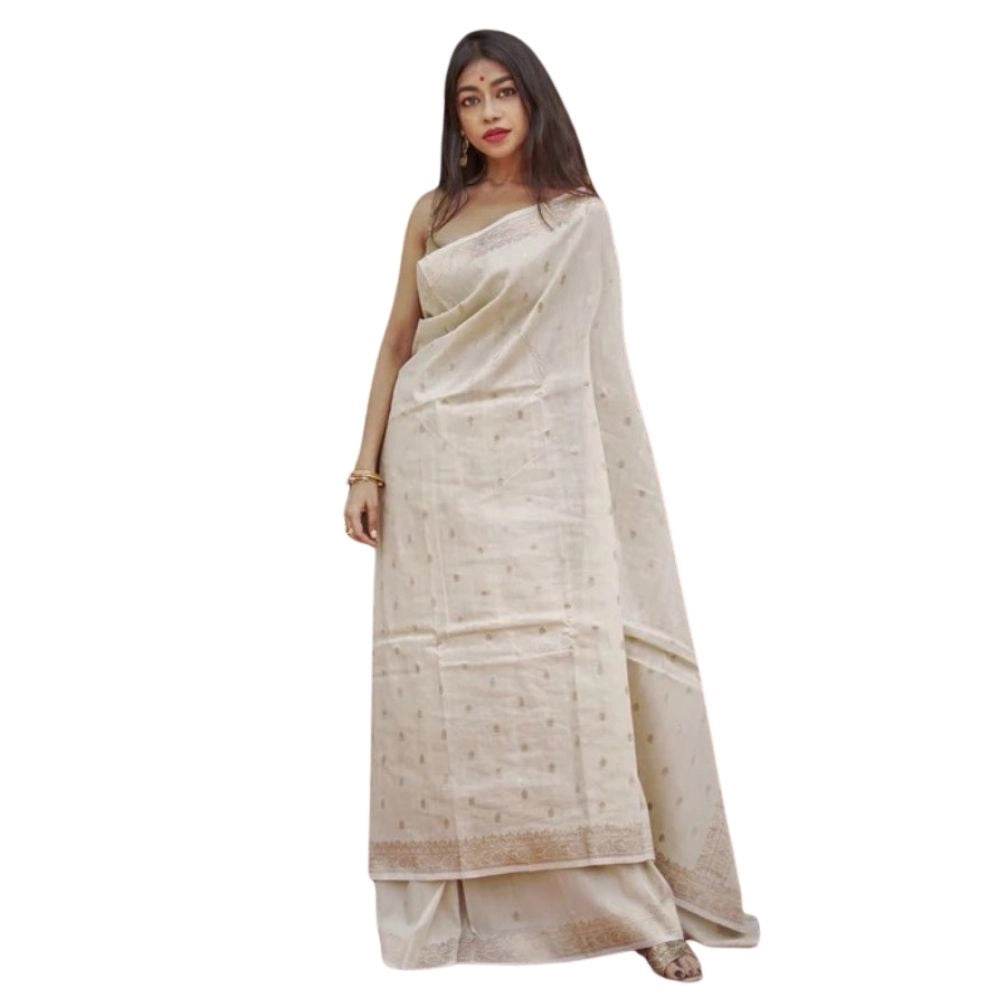 Generic Women's Cotton Printed Saree With Unstitched Blouse 5.5Mtr (Cream) - MYLUXURY LANE ENTERPRISE