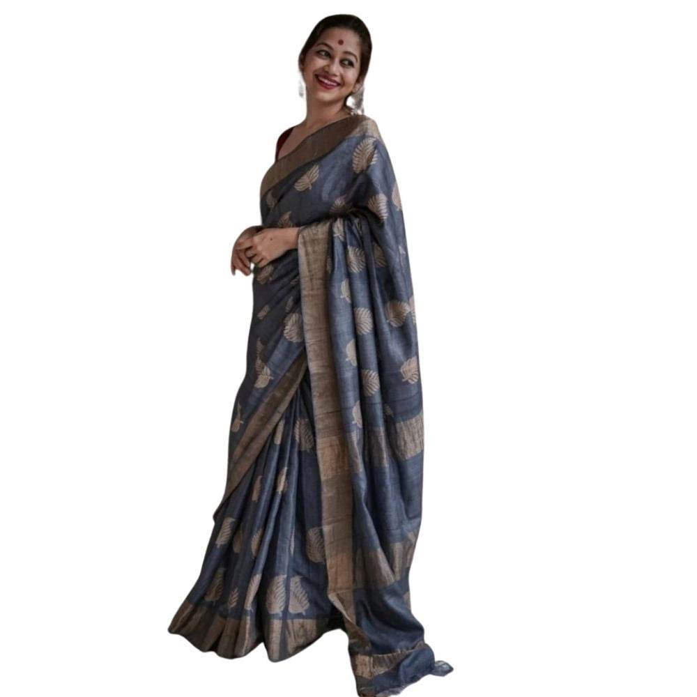Generic Women's Silk Printed Saree With Unstitched Blouse 5.5Mtr (Grey) - MYLUXURY LANE ENTERPRISE