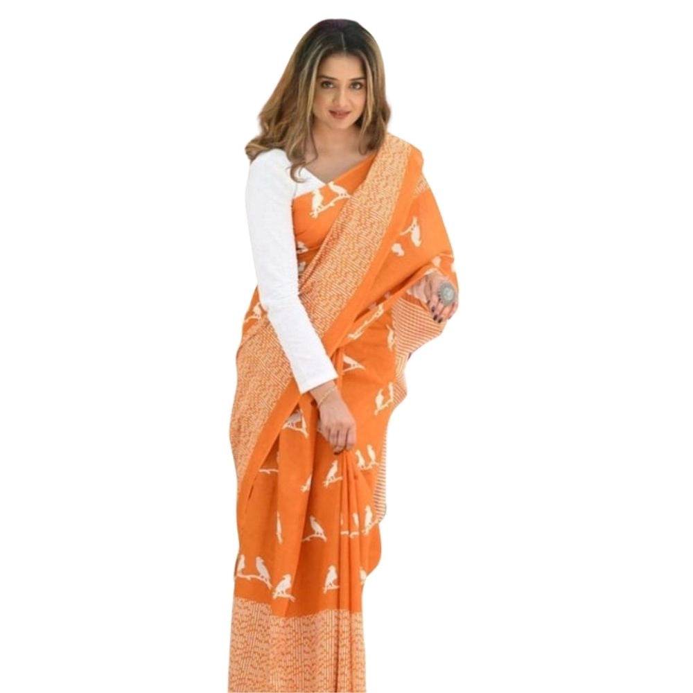 Generic Women's Silk Printed Saree With Unstitched Blouse 5.5Mtr (Orange) - MYLUXURY LANE ENTERPRISE