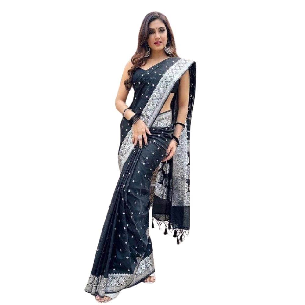 Generic Women's Silk Printed Saree With Unstitched Blouse 5.5Mtr (Black) - MYLUXURY LANE ENTERPRISE
