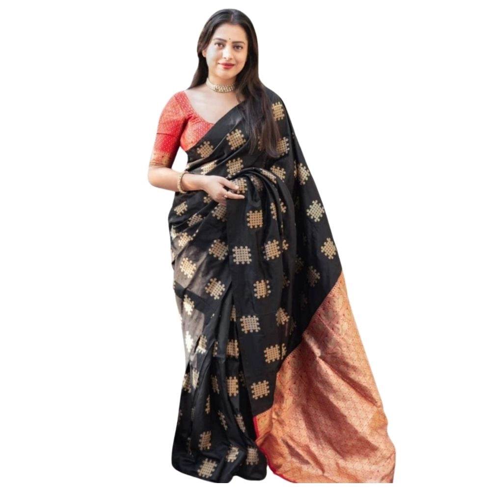 Generic Women's Silk Printed Saree With Unstitched Blouse 5.5Mtr (Blacl-Orange) - MYLUXURY LANE ENTERPRISE