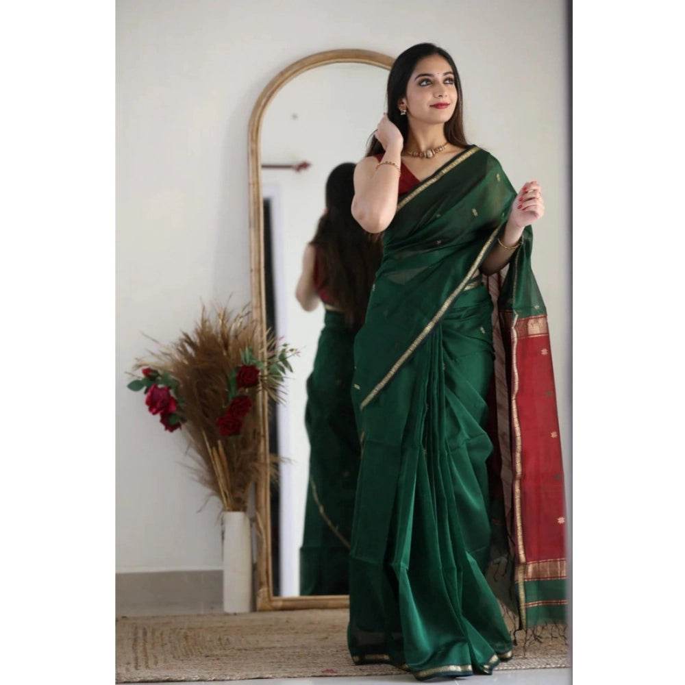 Generic Women's Cotton Printed Saree With Unstitched Blouse 5.5Mtr (Dark Green) - MYLUXURY LANE ENTERPRISE