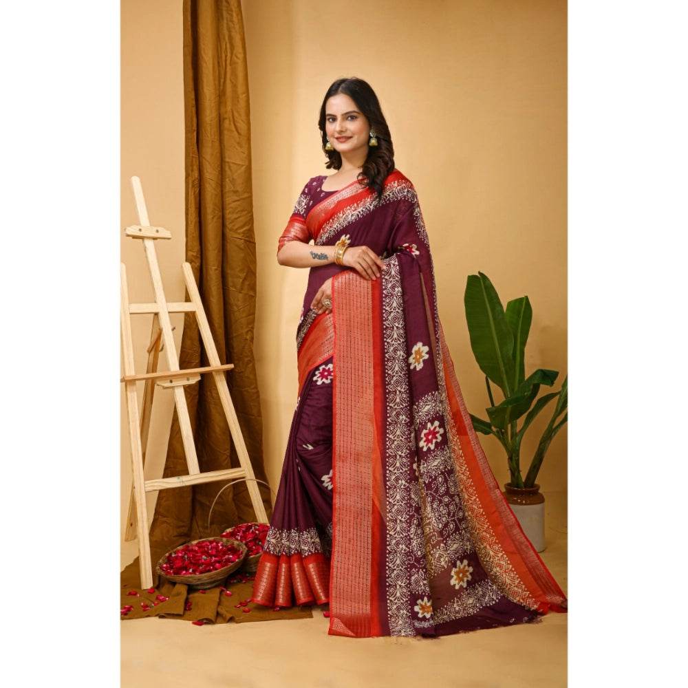 Generic Women's Soft Blooming Marshmallow Fabric Kalamkari Printed Saree With Unstitched Blouse 5.5Mtr (Wine) - MYLUXURY LANE ENTERPRISE