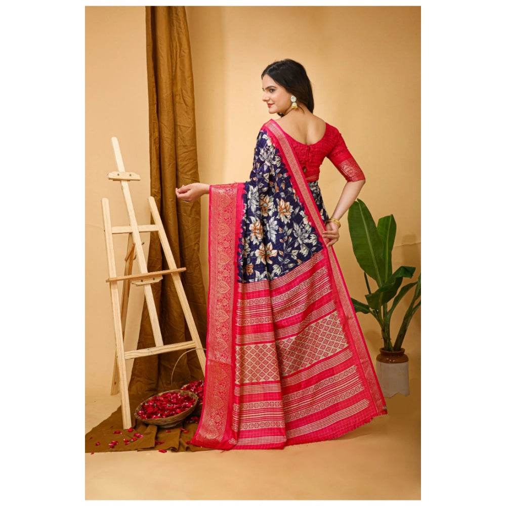 Generic Women's Soft Dola Cotton Kalamkari Printed Saree With Unstitched Blouse 5.5Mtr (Navy Blue) - MYLUXURY LANE ENTERPRISE