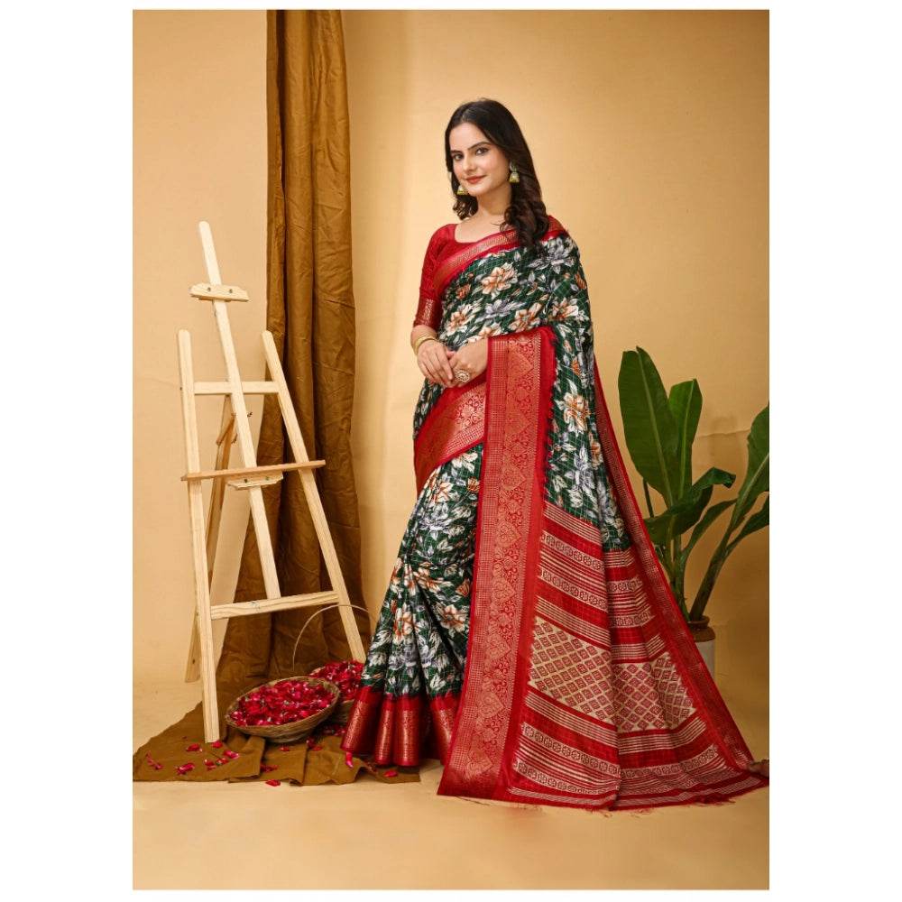 Generic Women's Soft Dola Cotton Kalamkari Printed Saree With Unstitched Blouse 5.5Mtr (Green) - MYLUXURY LANE ENTERPRISE