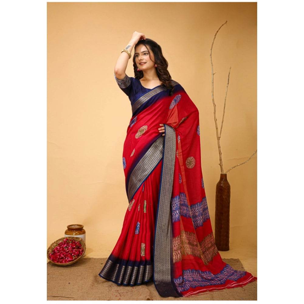 Generic Women's Soft Blooming Marshmallow Fabric Kalamkari Printed Saree With Unstitched Blouse 5.5Mtr (Red) - MYLUXURY LANE ENTERPRISE
