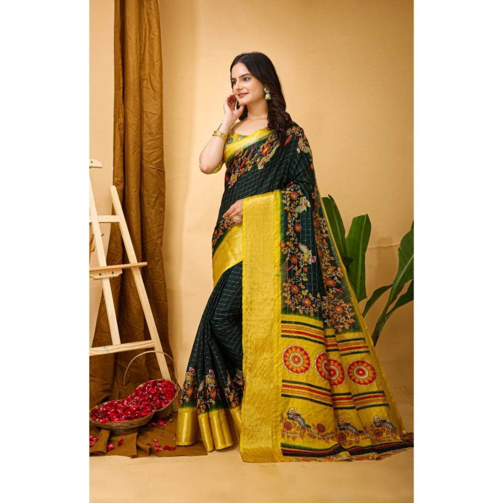 Generic Women's Soft Dola Cotton Kalamkari Printed Saree With Unstitched Blouse 5.5Mtr (Green) - MYLUXURY LANE ENTERPRISE