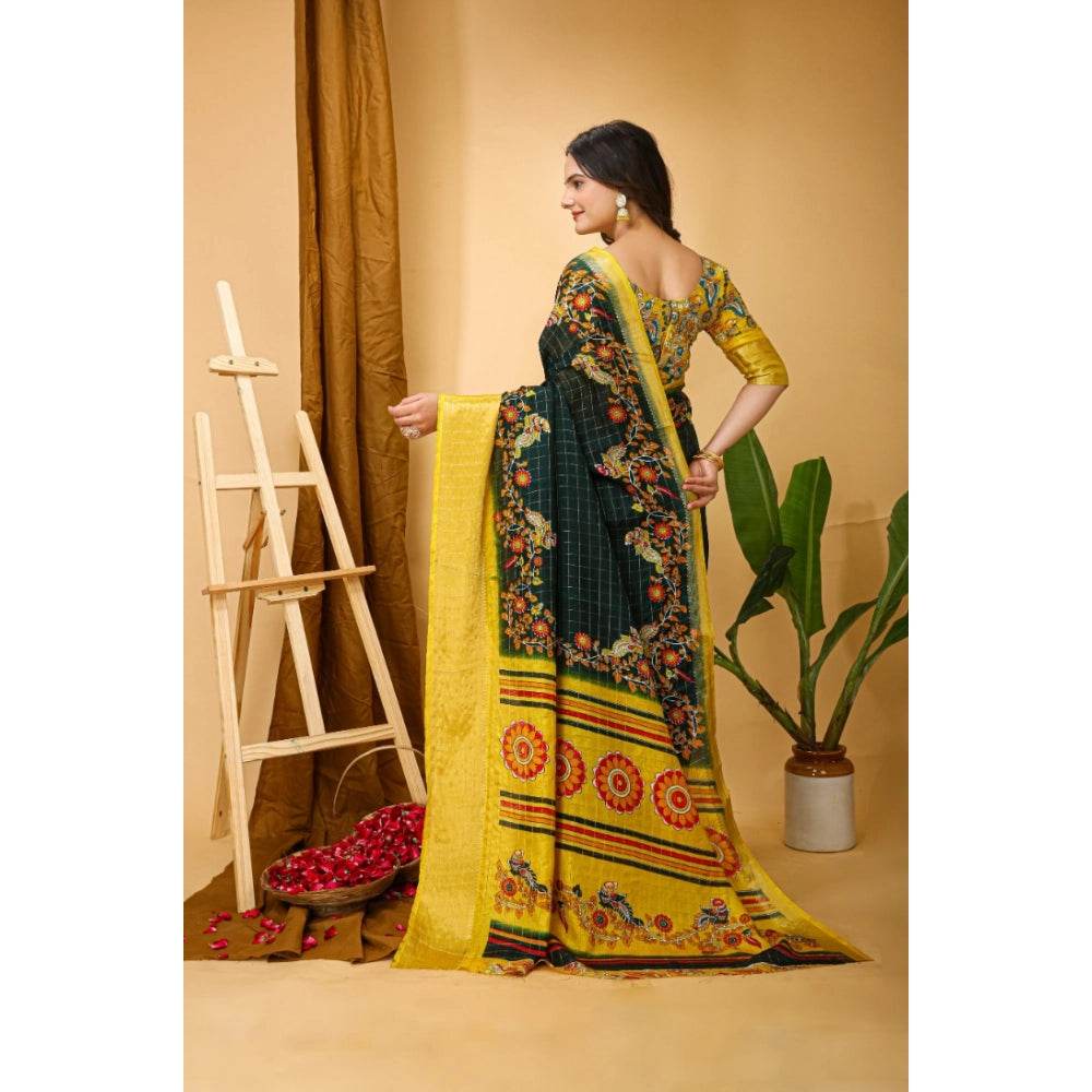 Generic Women's Soft Dola Cotton Kalamkari Printed Saree With Unstitched Blouse 5.5Mtr (Green) - MYLUXURY LANE ENTERPRISE