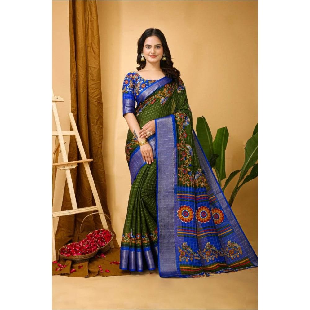 Generic Women's Soft Dola Cotton Kalamkari Printed Saree With Unstitched Blouse 5.5Mtr (Mehendi) - MYLUXURY LANE ENTERPRISE