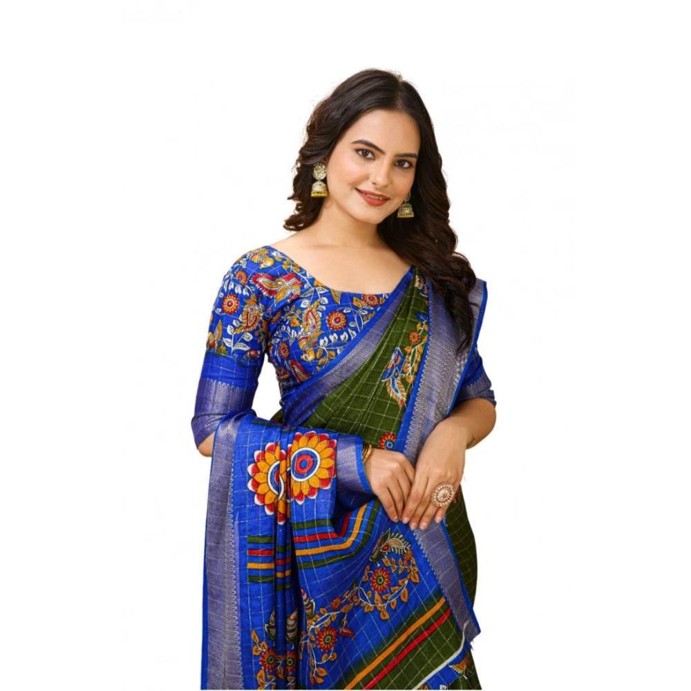 Generic Women's Soft Dola Cotton Kalamkari Printed Saree With Unstitched Blouse 5.5Mtr (Mehendi) - MYLUXURY LANE ENTERPRISE