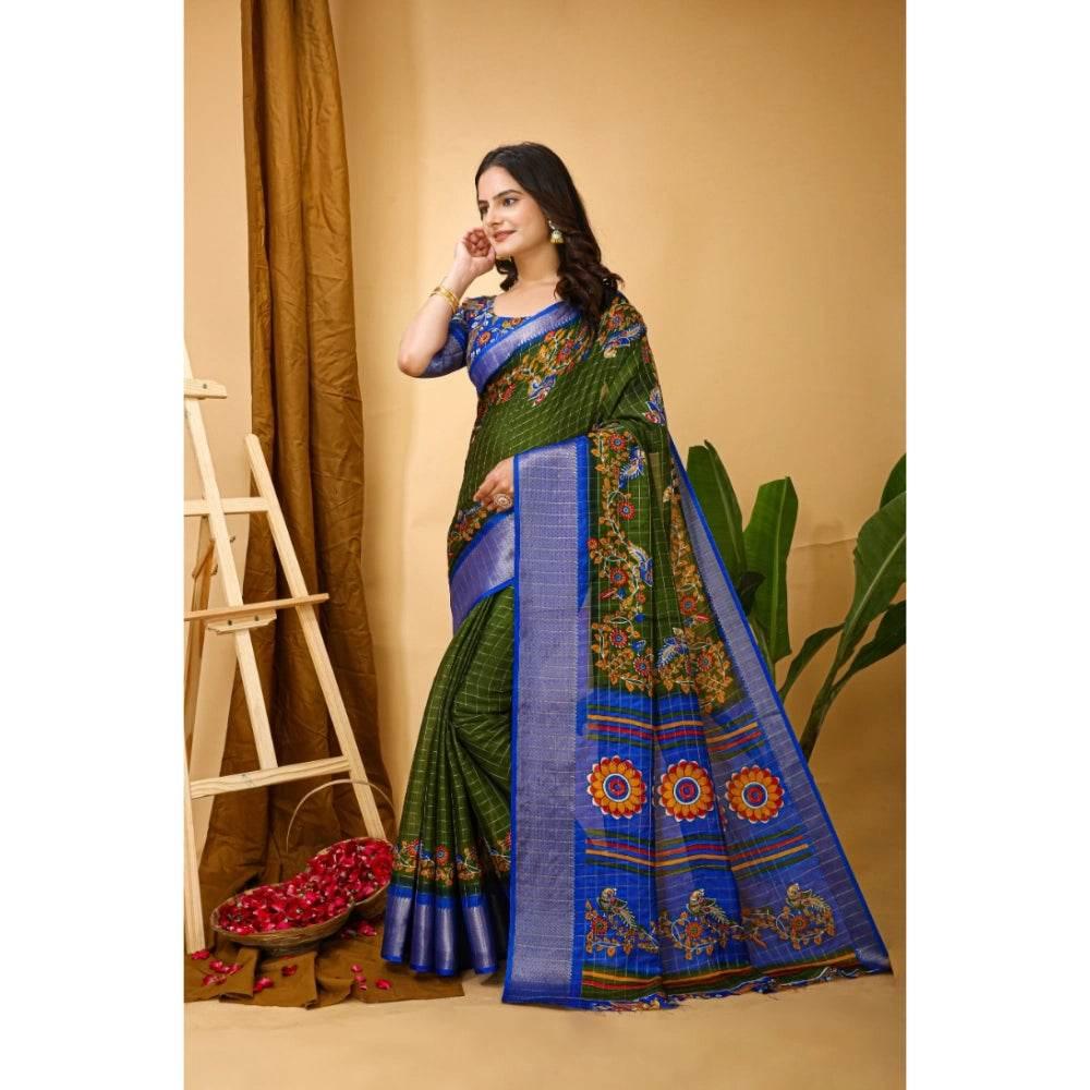 Generic Women's Soft Dola Cotton Kalamkari Printed Saree With Unstitched Blouse 5.5Mtr (Mehendi) - MYLUXURY LANE ENTERPRISE