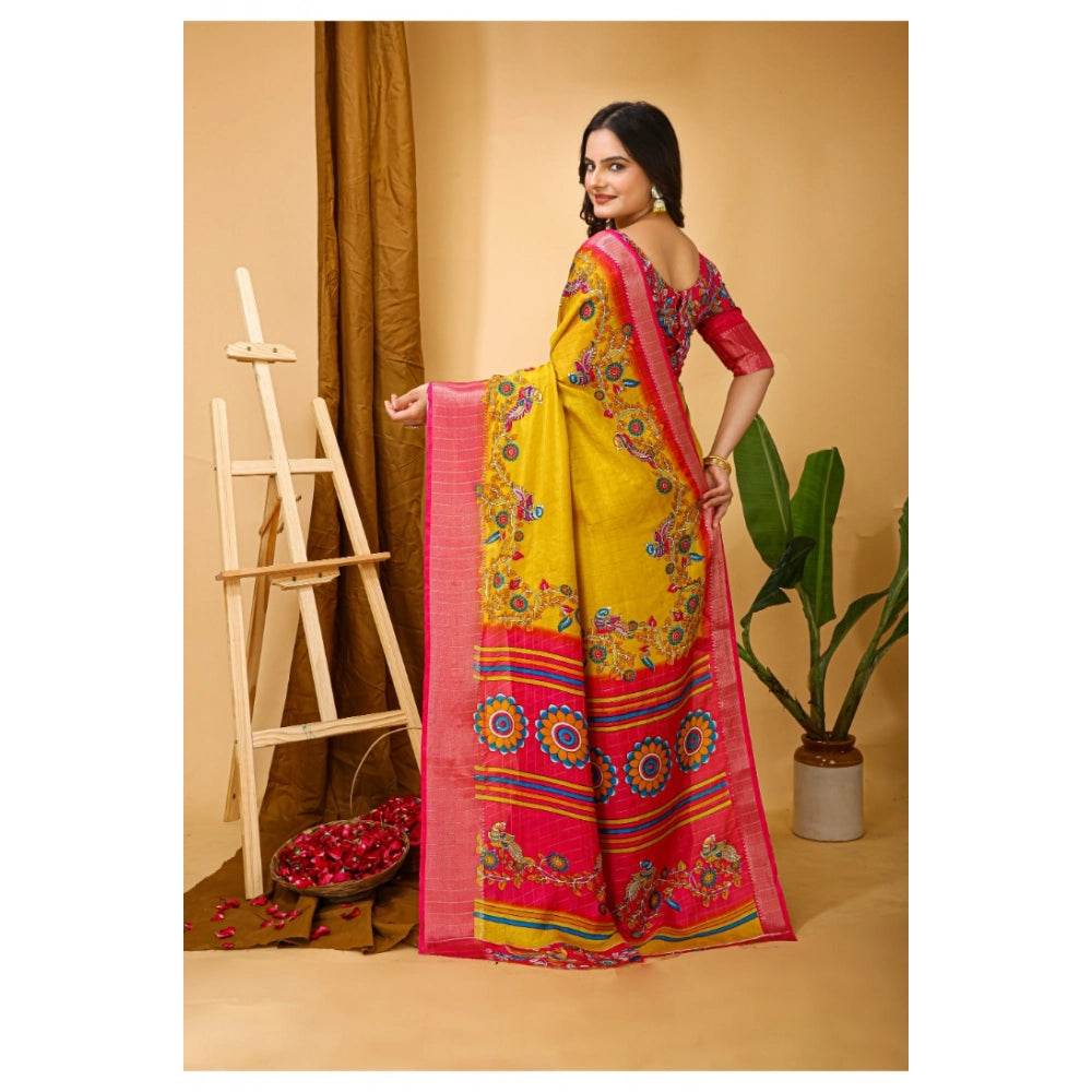 Generic Women's Soft Dola Cotton Kalamkari Printed Saree With Unstitched Blouse 5.5Mtr (Yellow) - MYLUXURY LANE ENTERPRISE