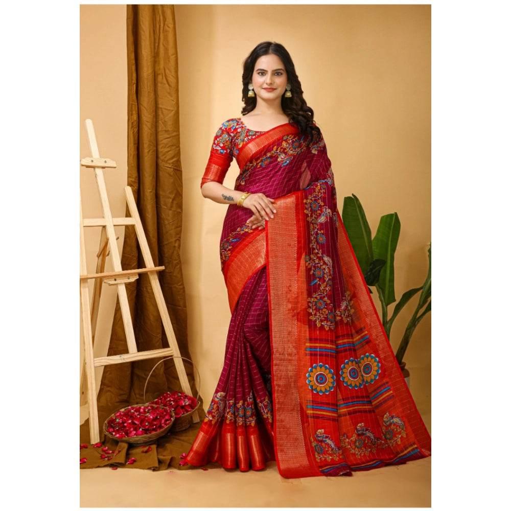Generic Women's Soft Dola Cotton Kalamkari Printed Saree With Unstitched Blouse 5.5Mtr (Maroon) - MYLUXURY LANE ENTERPRISE