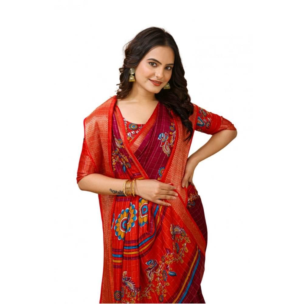 Generic Women's Soft Dola Cotton Kalamkari Printed Saree With Unstitched Blouse 5.5Mtr (Maroon) - MYLUXURY LANE ENTERPRISE