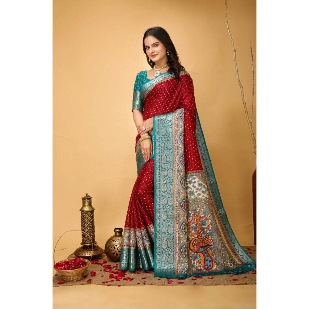 Generic Women's Soft Dola Cotton Kalamkari Printed Saree With Unstitched Blouse 5.5Mtr (Red) - MYLUXURY LANE ENTERPRISE