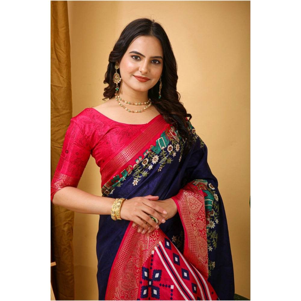 Generic Women's Soft Dola Cotton Kalamkari Printed Saree With Unstitched Blouse 5.5Mtr (Navy Blue) - MYLUXURY LANE ENTERPRISE