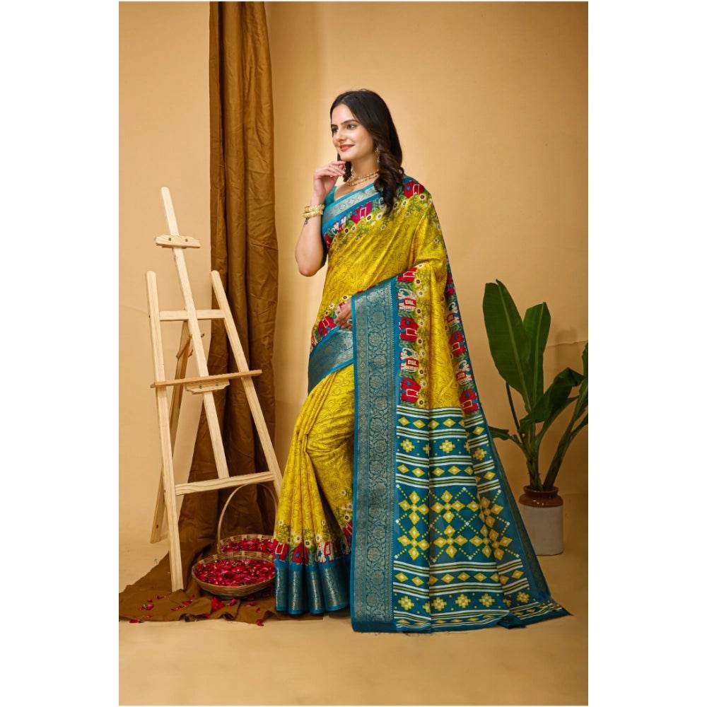 Generic Women's Soft Dola Cotton Kalamkari Printed Saree With Unstitched Blouse 5.5Mtr (Yellow) - MYLUXURY LANE ENTERPRISE