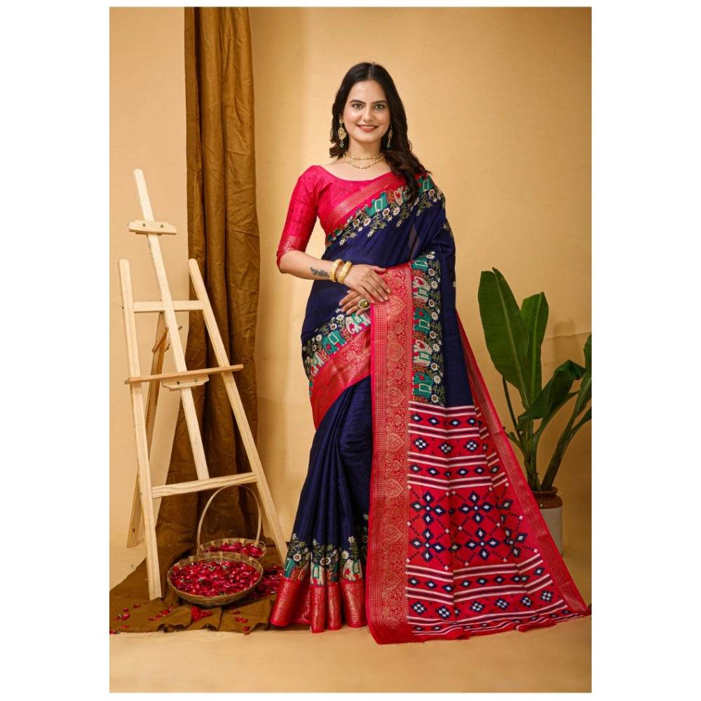 Generic Women's Soft Dola Cotton Kalamkari Printed Saree With Unstitched Blouse 5.5Mtr (Navy Blue) - MYLUXURY LANE ENTERPRISE