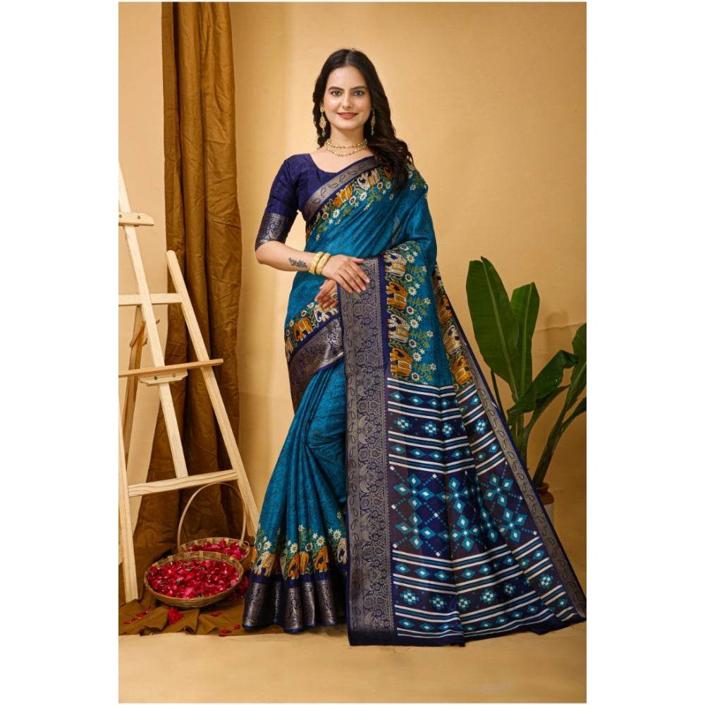 Generic Women's Soft Dola Cotton Kalamkari Printed Saree With Unstitched Blouse 5.5Mtr (Blue) - MYLUXURY LANE ENTERPRISE