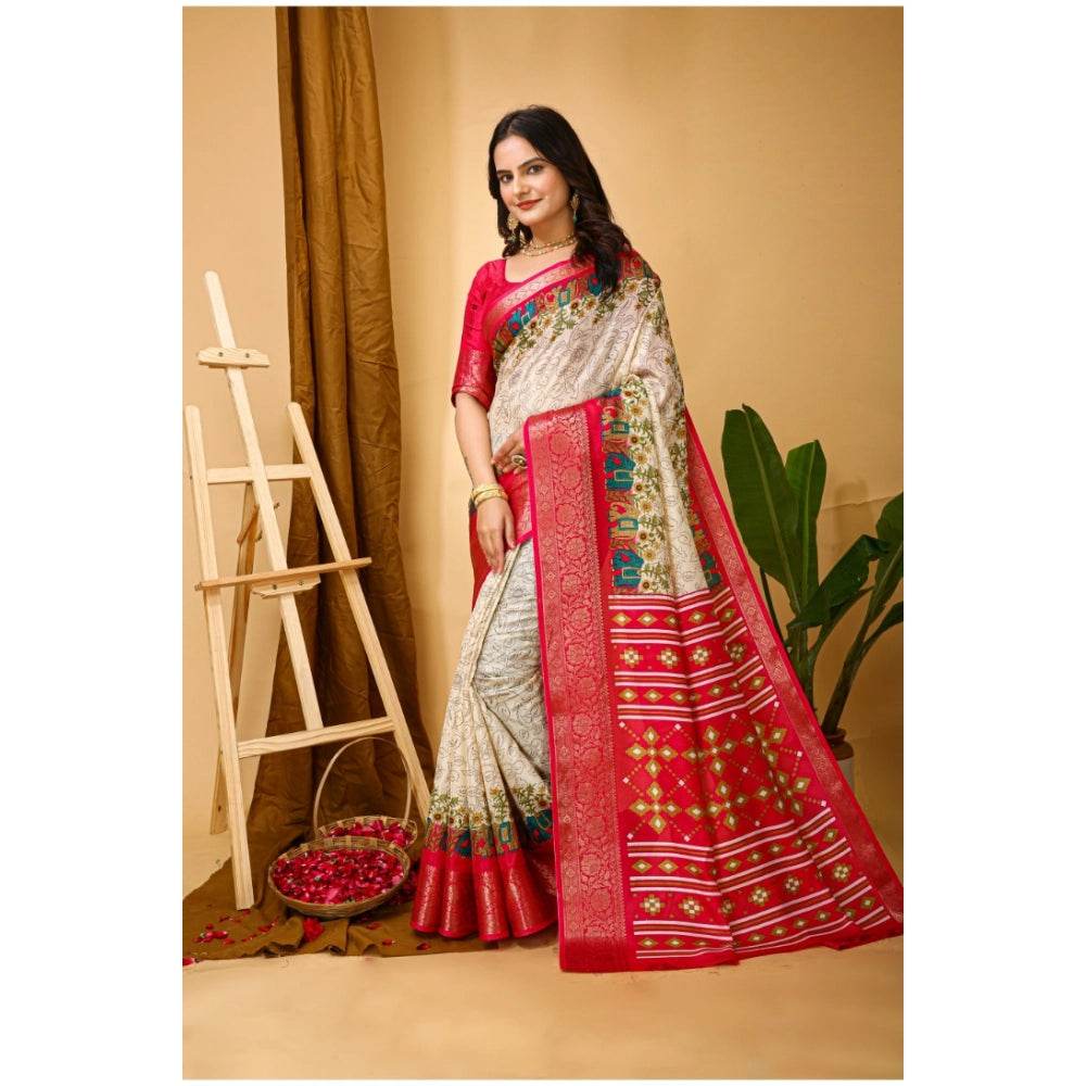 Generic Women's Soft Dola Cotton Kalamkari Printed Saree With Unstitched Blouse 5.5Mtr (White) - MYLUXURY LANE ENTERPRISE