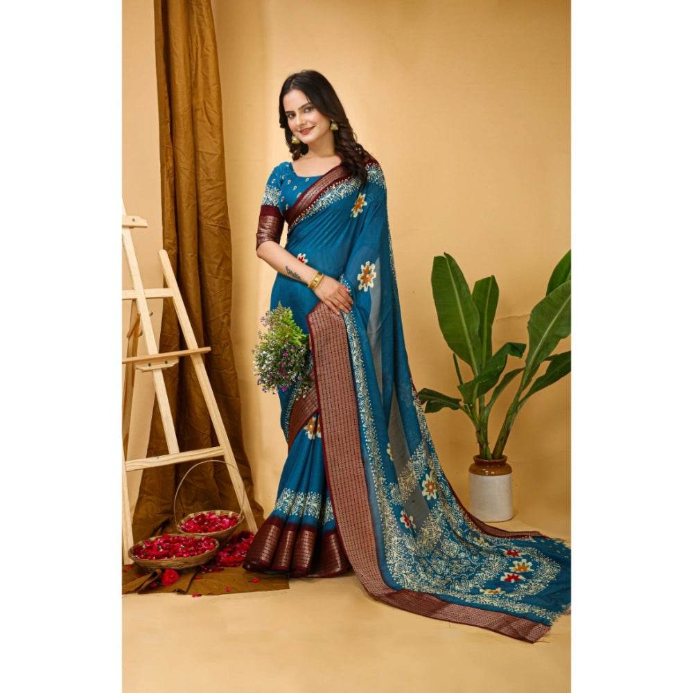 Generic Women's Soft Blooming Marshmallow Fabric Kalamkari Printed Saree With Unstitched Blouse 5.5Mtr (Blue) - MYLUXURY LANE ENTERPRISE