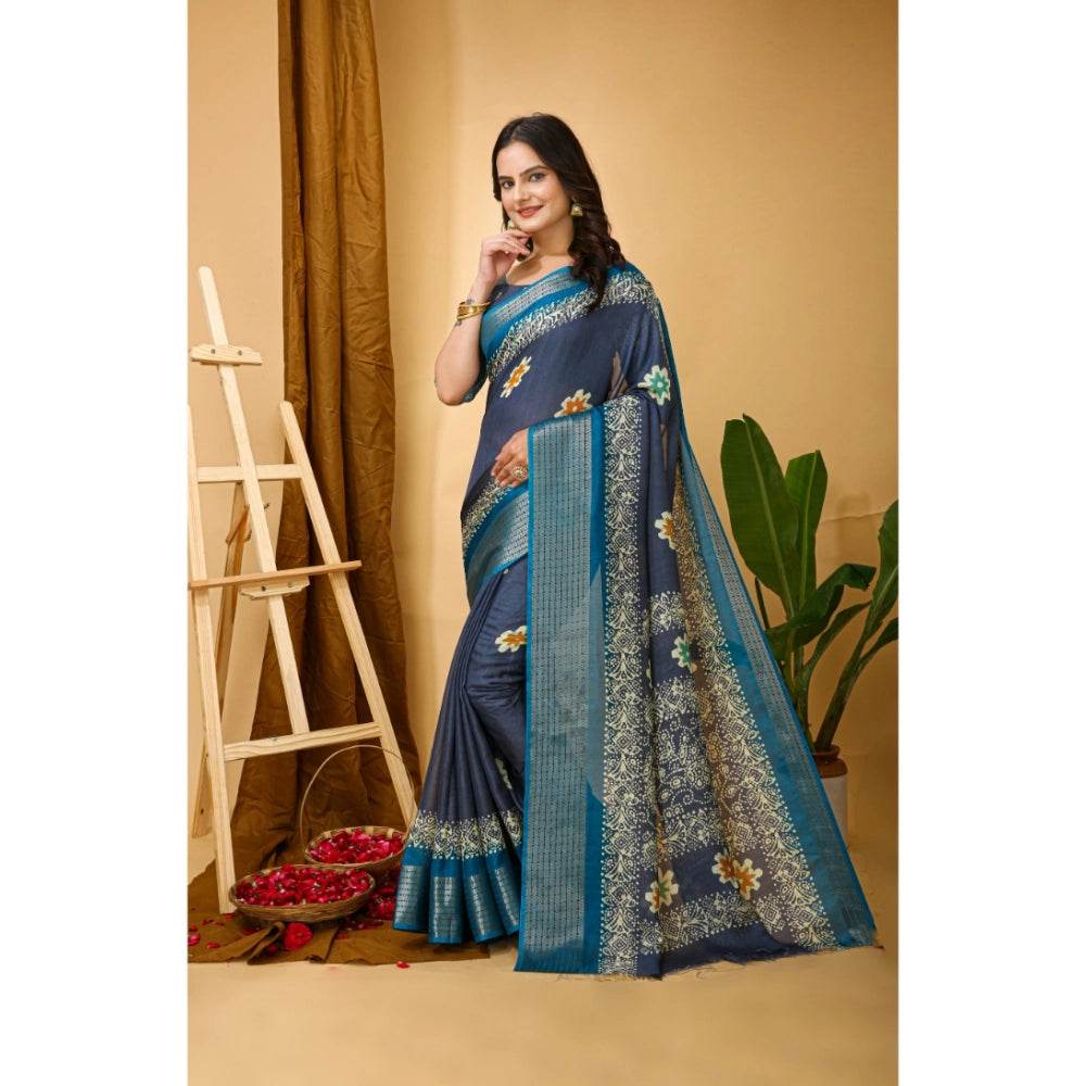 Generic Women's Soft Blooming Marshmallow Fabric Kalamkari Printed Saree With Unstitched Blouse 5.5Mtr (Grey) - MYLUXURY LANE ENTERPRISE